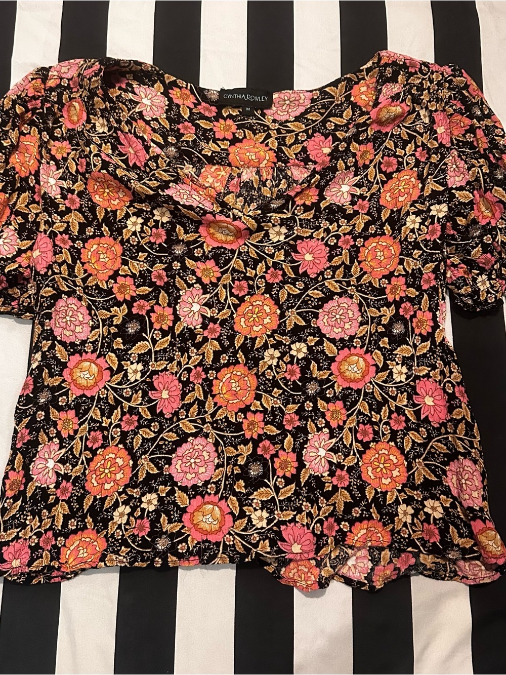 Cynthia Rowley Black Top with Pink and Orange Floral Print